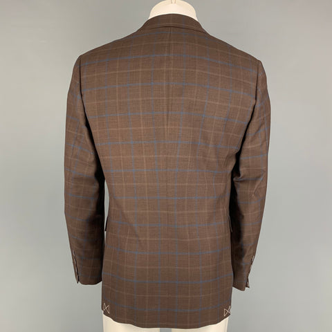 BARNEY'S NEW YORK Size 40 Brown Navy Plaid Wool Silk Sport Coat
