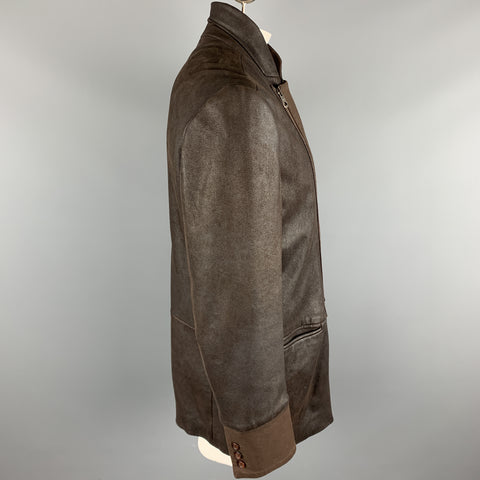 EMPORIO ARMANI Size L Brown Solid Leather Asymmetrical Coat