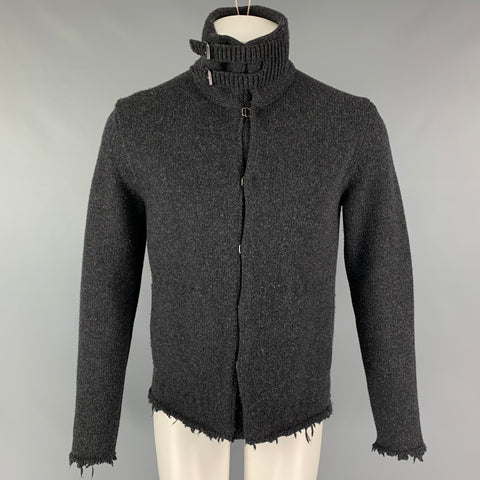YVES SAINT LAURENT Size S Charcoal Wool Hook Eye Closure Frayed Hem Cardigan