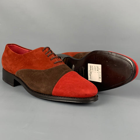 SALVATORE FERRAGAMO Size 9 Red Brown Leather Suede Cap Toe Laces