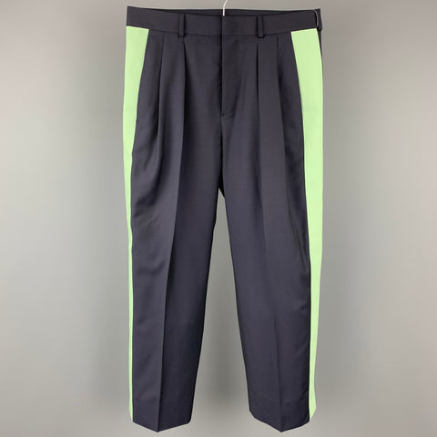 VALENTINO Size 30 Navy & Green Color Block Wool Pleated Dress Pants