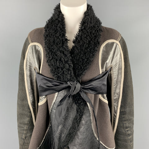 RICK OWENS Size 10 Gray Metallic Leather Patchwork Shearling Collar Tied Jacket