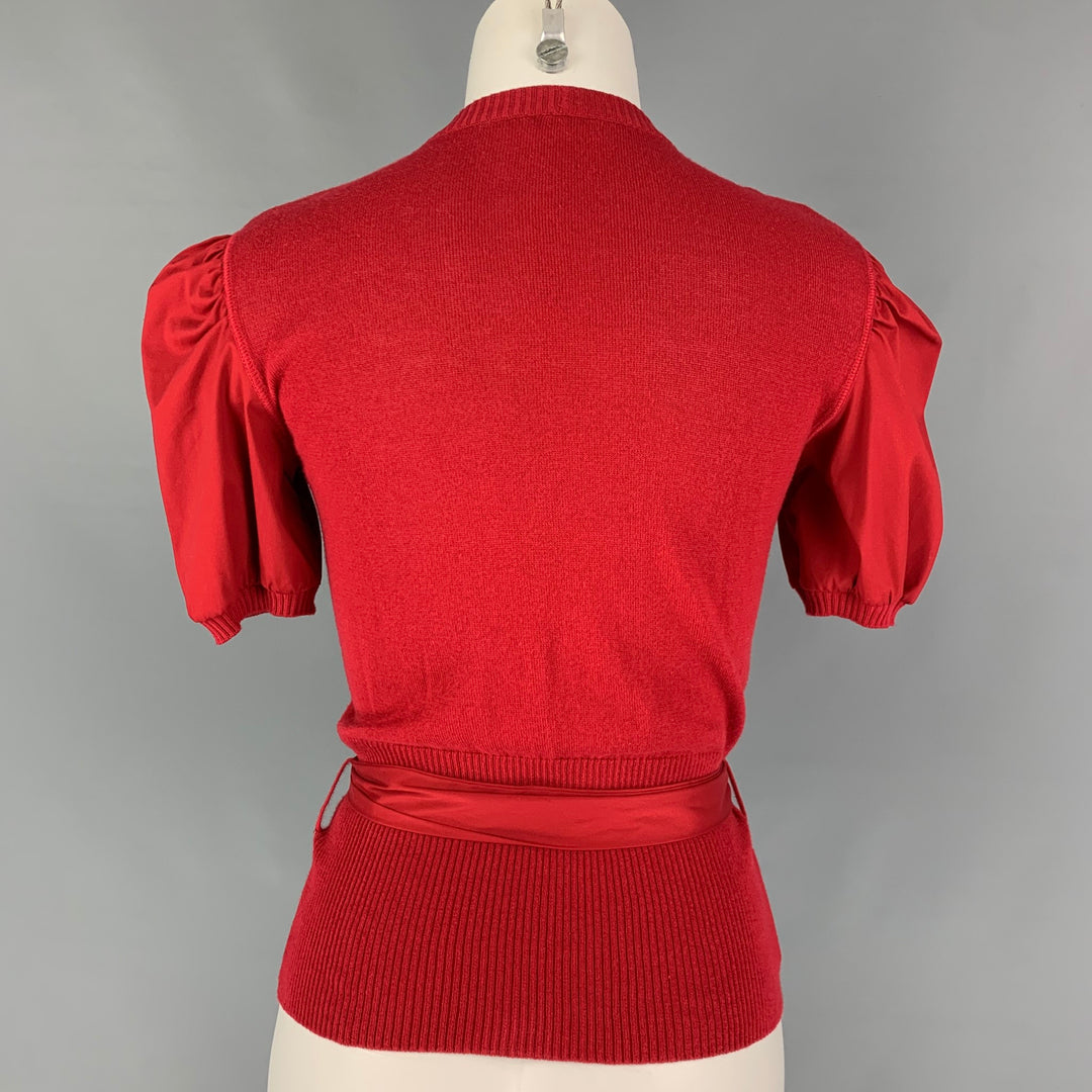 MIU MIU Size 4 Red Cotton Belted Short Sleeve Cardigan
