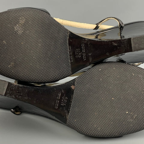PRADA Size 6.5 Black Patent Leather Slingback Wedges