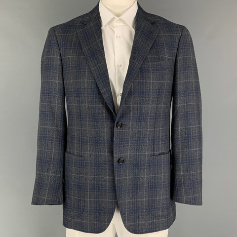 CANALI Kei Size 44 Grey Navy Plaid Wool Single Breasted Sport Coat