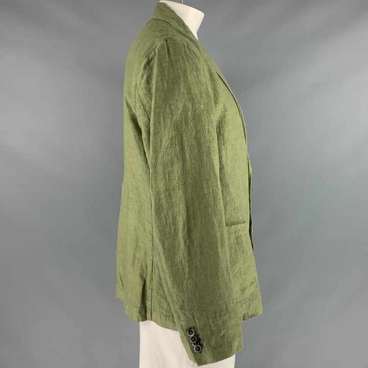 120% LINO Size 46 Green Solid Linen Notch Lapel Sport Coat
