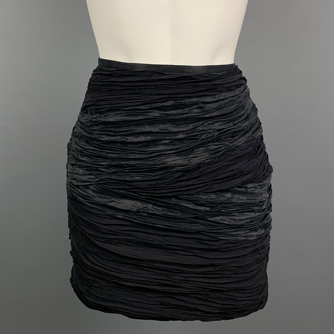 CATHERINE MALANDRINO Size 4 Black Ruched Silk Mini Skirt