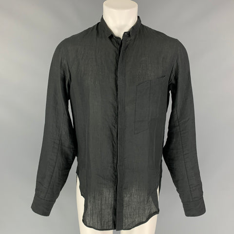 ZIGGY CHEN SS 15 Size 38 Black Linen Hidden Buttons Long Sleeve Shirt