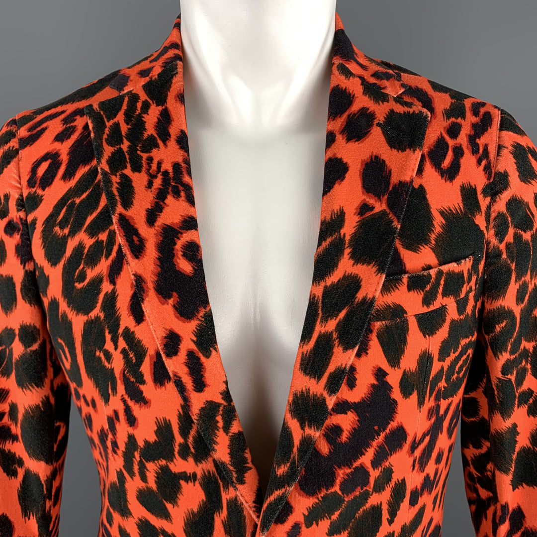 R13 Size 38 Orange & Black Leopard  Print Cotton Velvet Notch Lapel Sport Coat