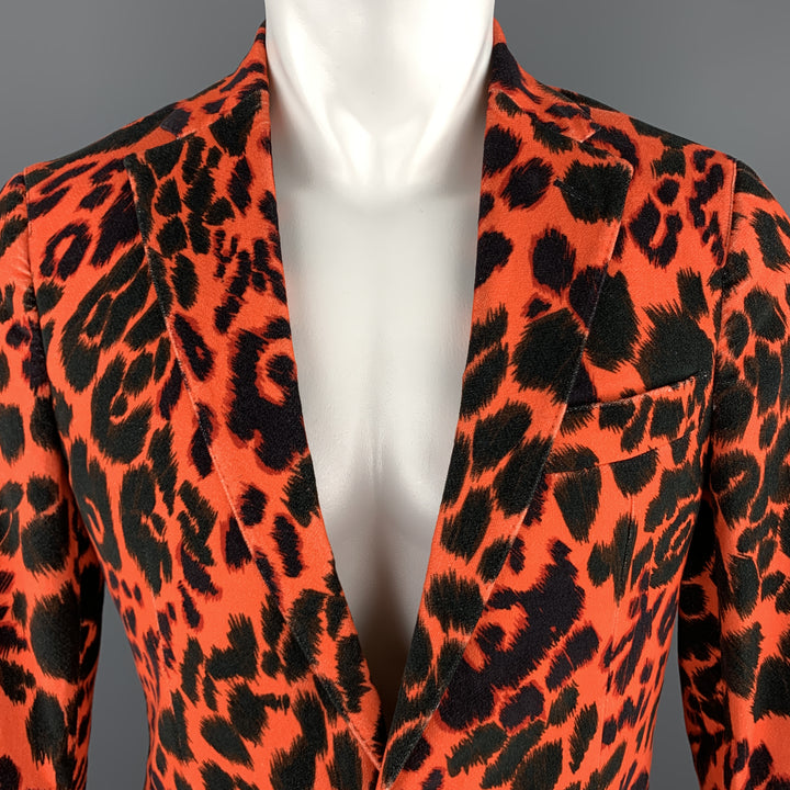 R13 Talla 38 Abrigo deportivo con solapa de muesca de terciopelo de algodón con estampado de leopardo naranja y negro