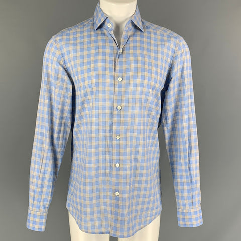 ERMENEGILDO ZEGNA Size M Blue &  Beige Checkered Cotton and Linen Long Sleeve Shirt
