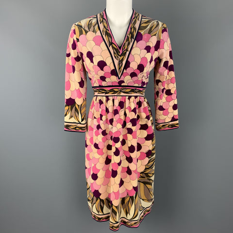 EMILIO PUCCI Vintage Size 10 Pink Print Velvet A Line Long Sleeve Dress
