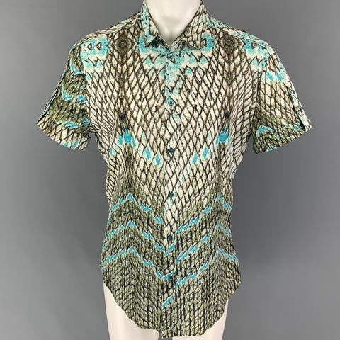 JUST CAVALLI Size L White Olive Blue Print Cotton Button Up Short Sleeve Shirt