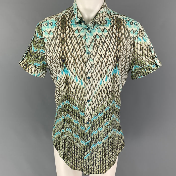 JUST CAVALLI Size L White Olive Blue Print Cotton Button Up Short Sleeve Shirt