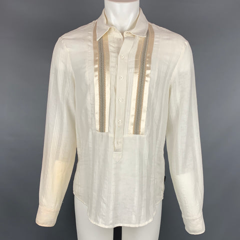 JUST CAVALLI Size L Cream Textured Cotton Long Placket Long Sleeve Shirt