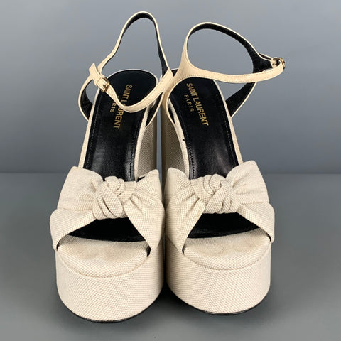 SAINT LAURENT Size 7.5 Cream Canvas Platform Sandals