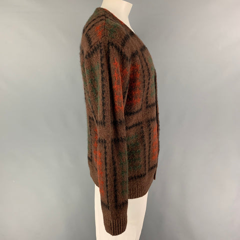 BEAMS PLUS Size XL Brown Multi-Color Pattern Mohair Blend Buttoned Cardigan