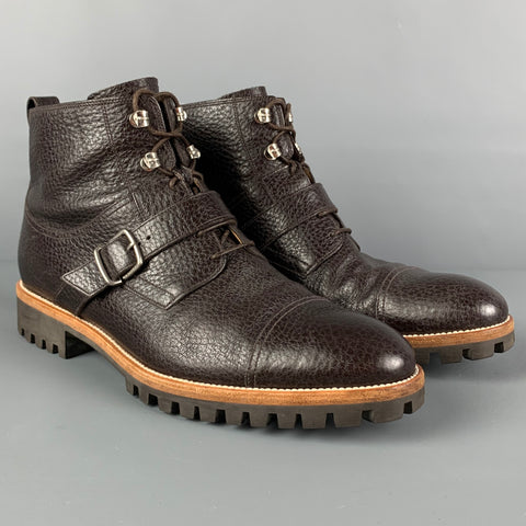 BALLY Size 8.5 Brown Pebble Grain Leather Belted Powell Boots