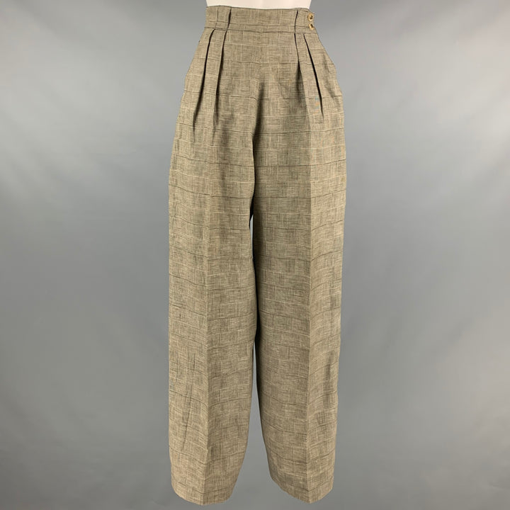 HERMES Size 24 Brown Beige Linen Plaid High Waisted Dress Pants