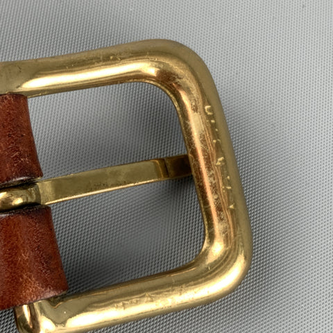 VINTAGE Sz 36 Woven Brown Leather Gold Brass Buckle Belt