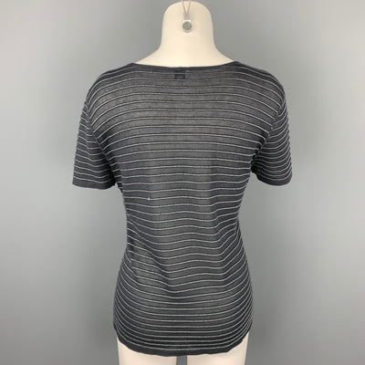 GIORGIO ARMANI Size 14 Grey Stripe Wide Neck Knit Top