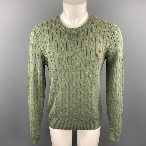 RALPH LAUREN Size M Moss Green Cable Knit Silk / Cashmere Crew-Neck Sweater