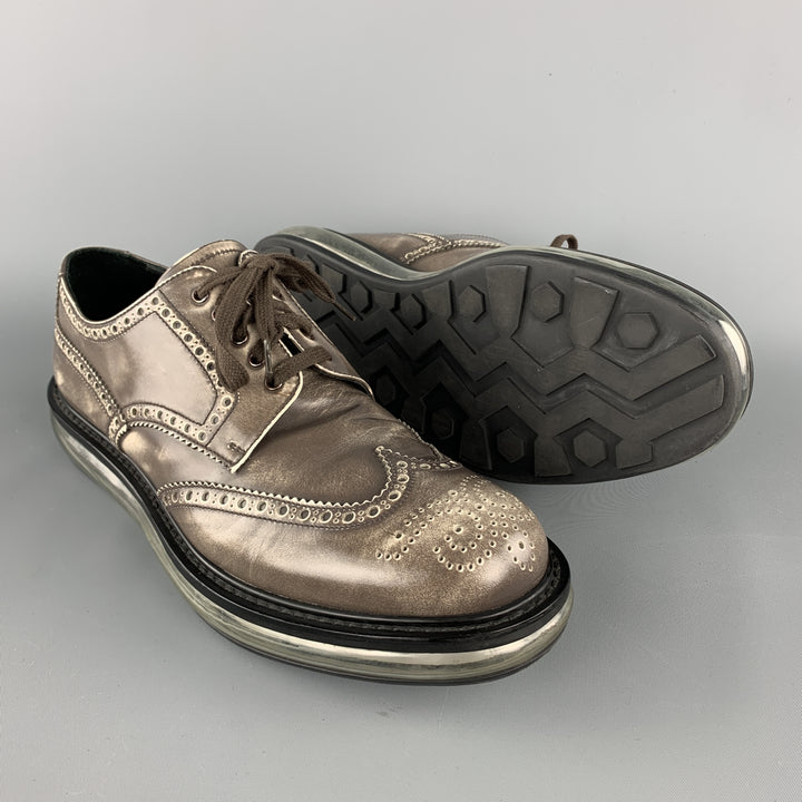 PRADA Levitate Size 10.5 EE Taupe Antique Leather Wingtip Lace Up Shoes