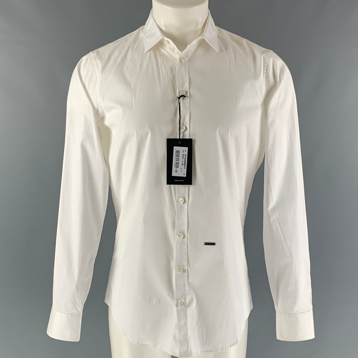DSQUARED2 Size M White Solid Cotton &  Elastane Button Up  Long Sleeve Shirt