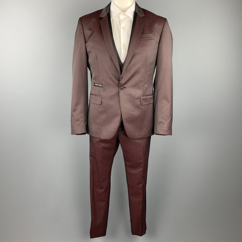 PHILIPP PLEIN Diamond Cut Size 44 Burgundy & Black Wool Blend 3 Piece Tuxedo Suit