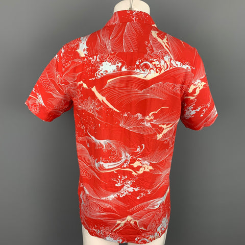 ALLSAINTS Size S Red Abstract Viscose Short Sleeve Shirt