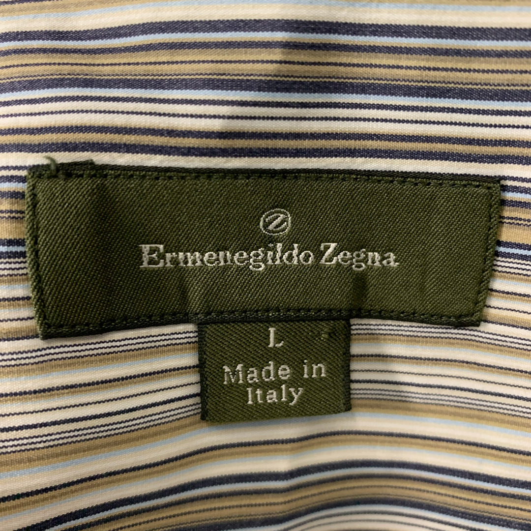 ERMENEGILDO ZEGNA Size L Taupe & Blue Stripe Cotton &  Silk Long Sleeve Shirt