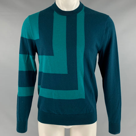 MR TURK Taille M Vert Vert Foncé Color Block Laine Pull à Col Rond