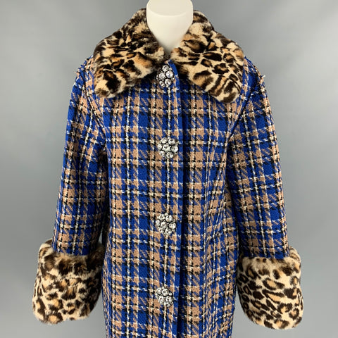 MARC JACOBS Size 2 Blue & Tan Wool / Polyamide Plaid Rabbit Fur Crystal Buttons Coat