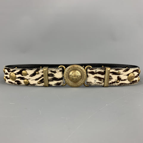 GIANNI VERSACE Studded Size 32 Beige Leather Pony Hair Brown Belt