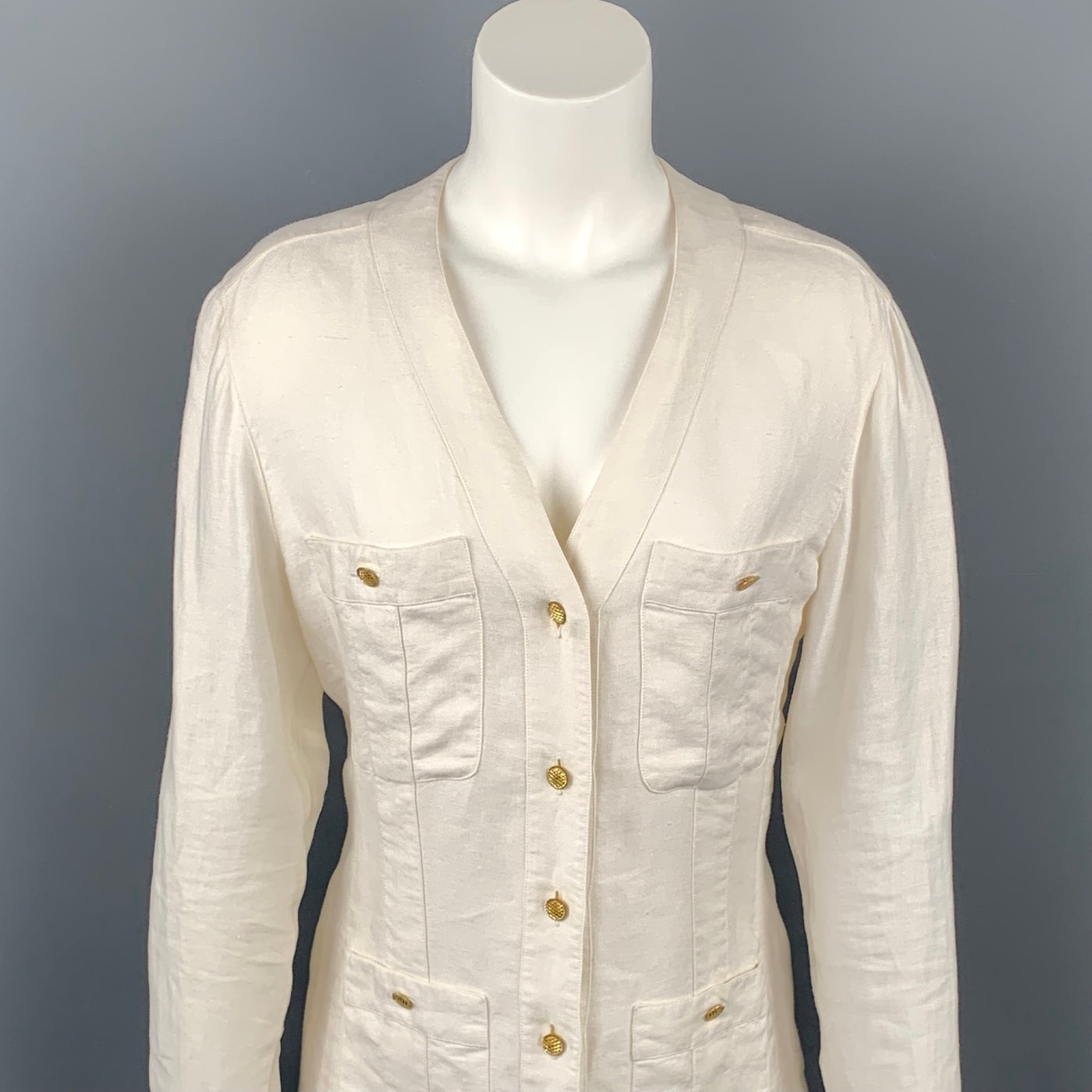 Vintage CHANEL Size 4 Cream Linen V-Neck Patch Pocket Jacket