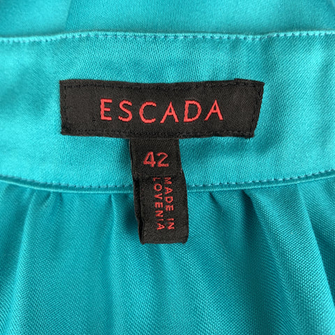 ESCADA Size 12 Turquoise Cotton Sateen Band Collar Tied Blouse