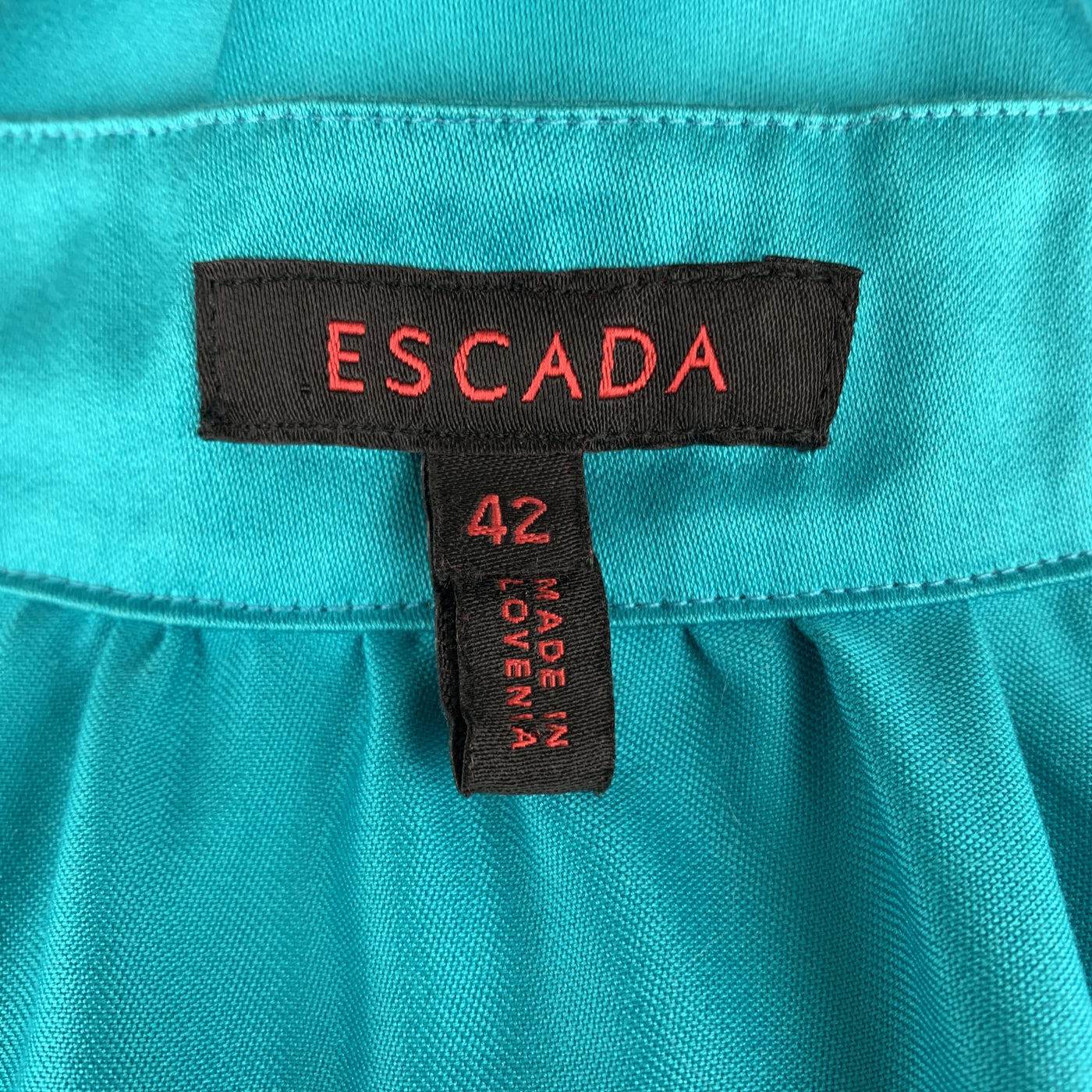ESCADA Size 12 Turquoise Cotton Sateen Band Collar Tied Blouse