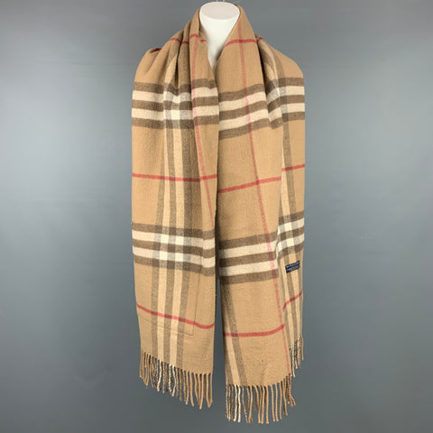 BURBERRY LONDON Tan & Brown Plaid Merino Wool / Cashmere Scarf