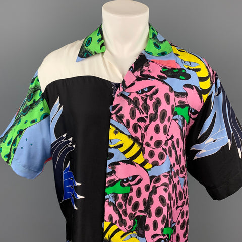 MARNI x BRUNO BOZZETTO Size M Multi-Color Print Silk Raw Edge Oversized Short Sleeve Shirt