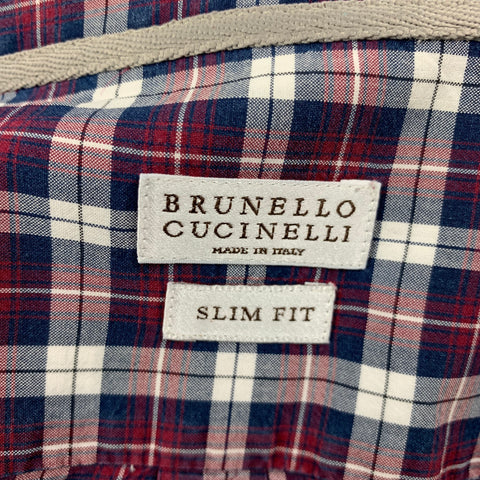 BRUNELLO CUCINELLI Size S Navy Burgundy Plaid Button Down Long Sleeve Shirt