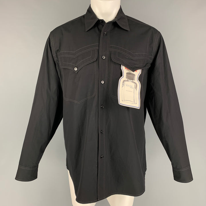 VERSACE Size S Black Cotton Patch Pockets Long Sleeve Shirt