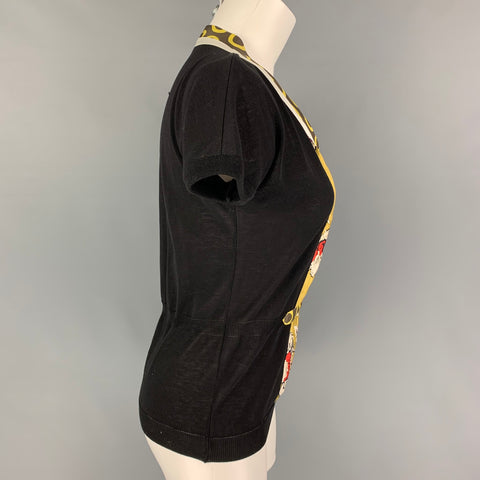 ETRO Size 6 Black Multi-Color Cotton Silk Pleated Short Sleeve Casual Top