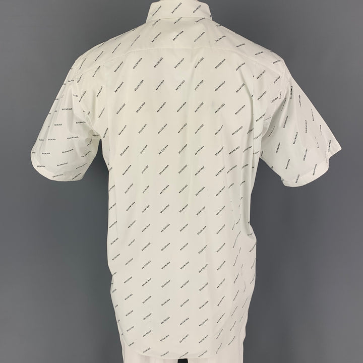 BALENCIAGA Size M White Black Logo Cotton Button Down Short Sleeve Shirt