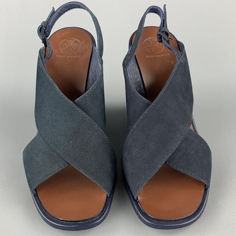 TORY BURCH Cuñas con tiras cruzadas de ante azul marino talla 7