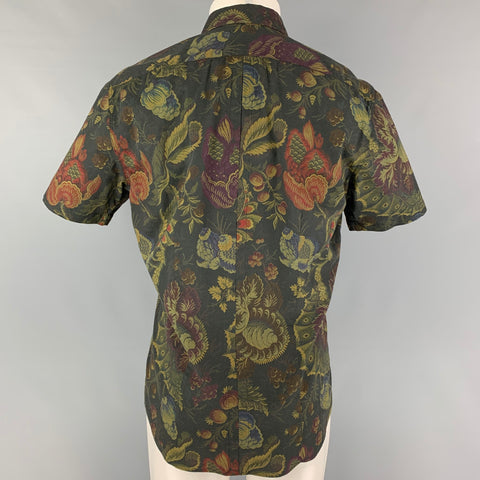 DRIES VAN NOTEN Size M Brown Olive Abstract Floral Cotton Short Sleeve Shirt