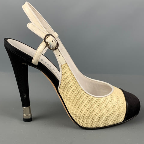 CHANEL Talla 6 Zapatos de tacón con tira trasera en bloque de color de acetato negro crema