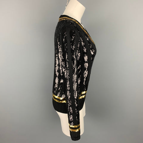 RALPH LAUREN Collection Size M Black & Gold Sequined Striped Silk Sweater