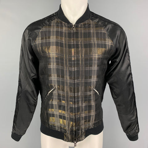 CHRISTIAN DADA Size 36 Black Gold Plaid Silk Blend Bomber Jacket