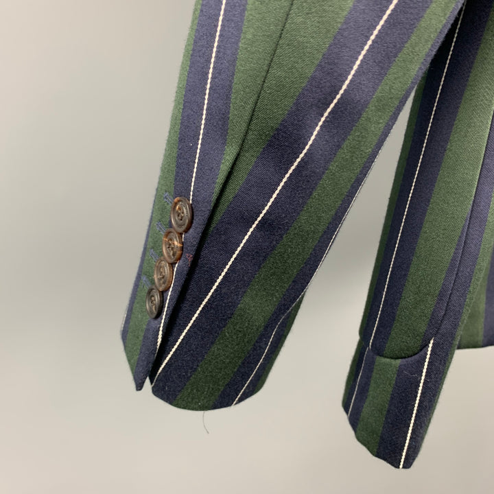BURBERRY Size 36 Regular Green & Navy Vertical Stripe Wool / Cotton Notch Lapel Suit