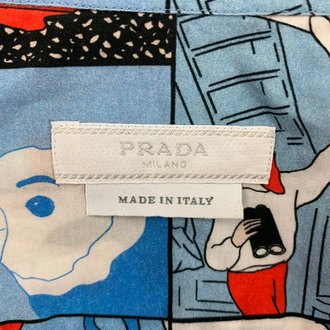 PRADA SS 18 Comic Collection Size S Red Blue Graphic Cotton Short Sleeve Shirt